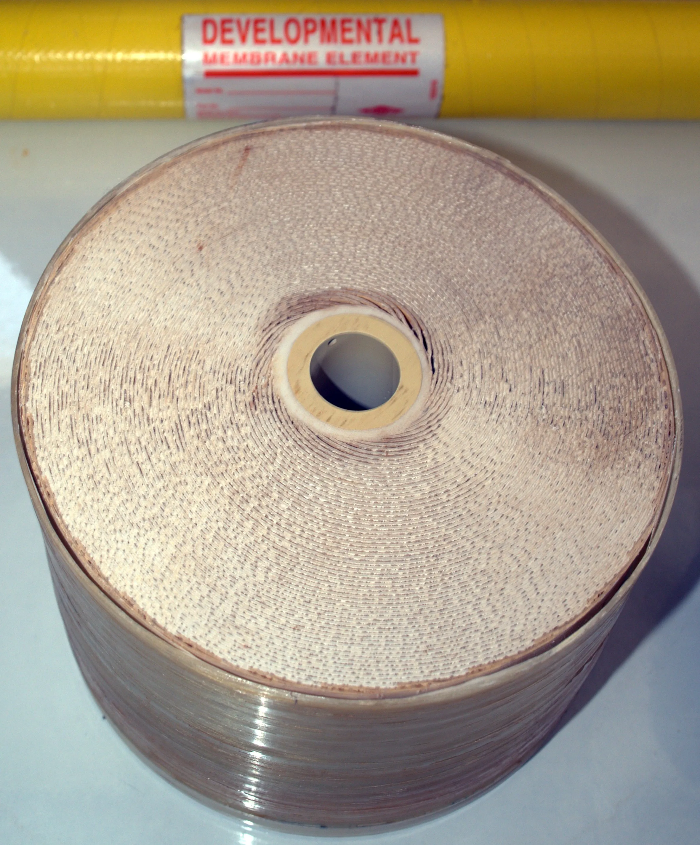A spiral-wound reverse osmosis membrane element seen end-on, showing its rolled layers